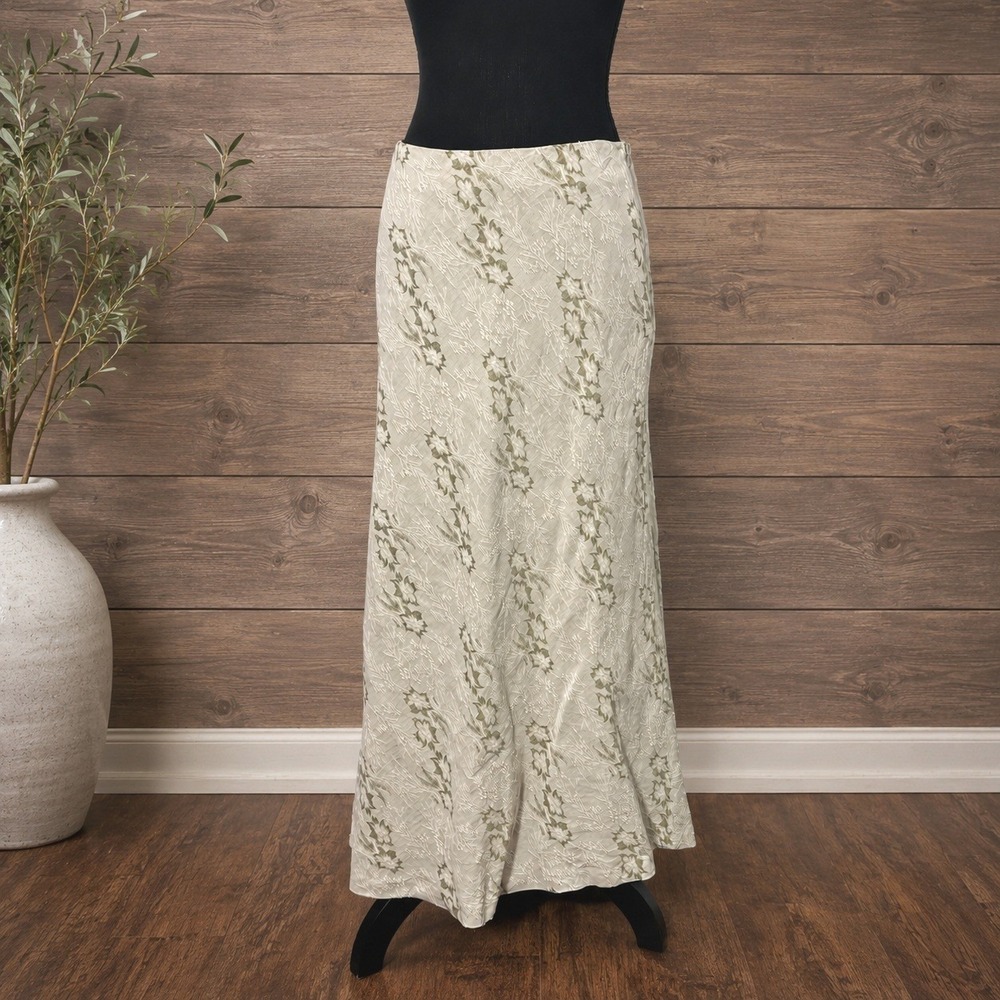 Vintage Y2K Silk Linen Floral Bias Cut Maxi Skirt Size 8 Cottage Romantic Fairy